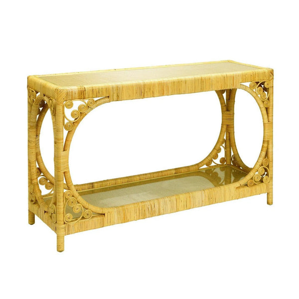 Coastal Style Brown Rattan & Tempered Glass Console Table Console Tables LOOMLAN By Jamie Young
