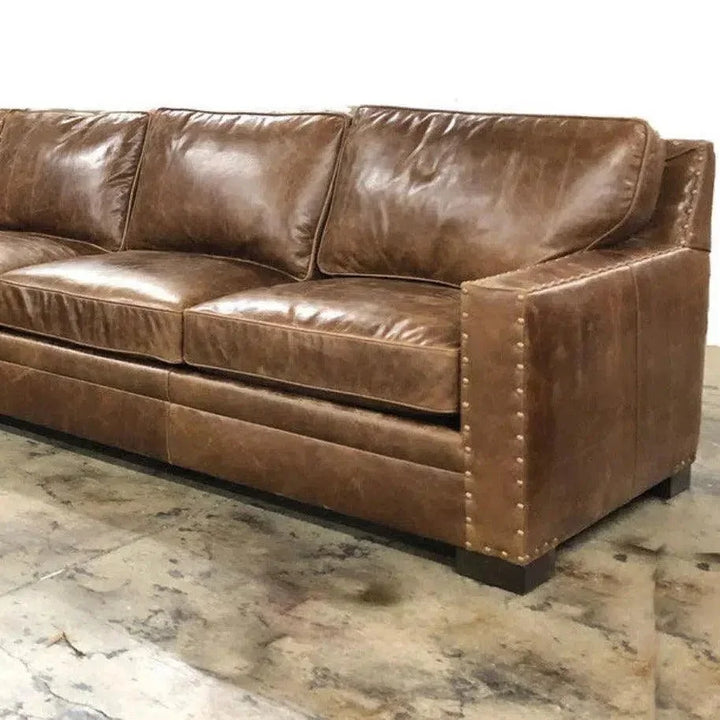 Colorado Tan Grain Leather Couch High Back Made USA - LOOMLAN