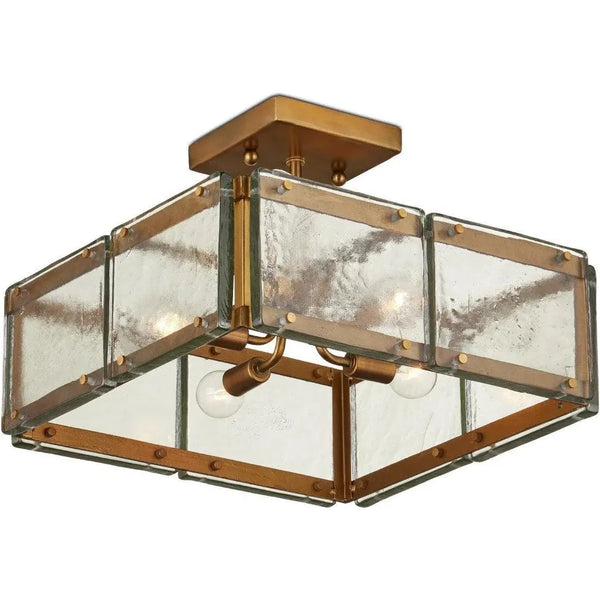 Countervail Metal & Glass Gold Square Semi-Flush Mount-Flush Mounts-Currey & Co-LOOMLAN