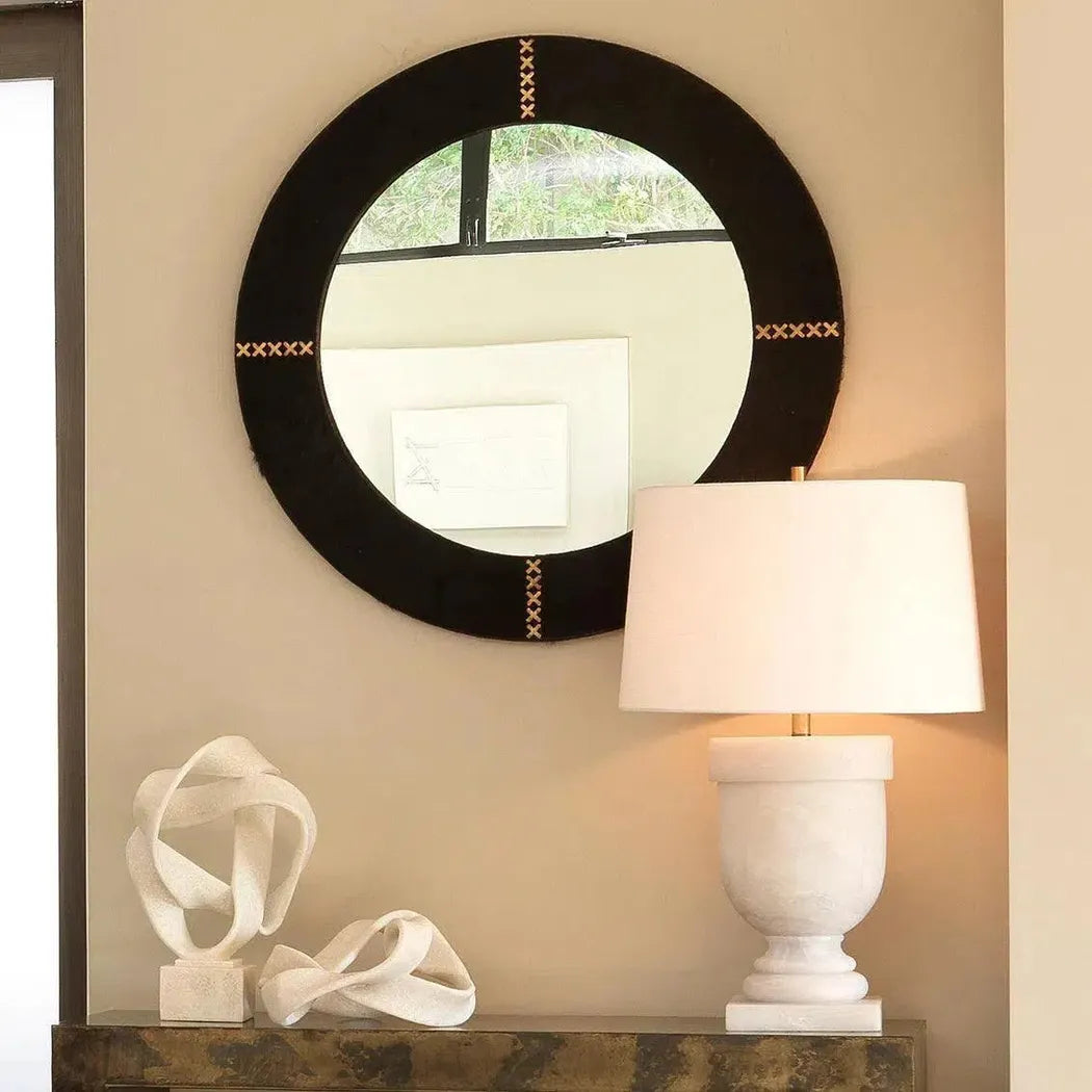 Cowhide Leather Round Cross Stitch Wall Mirror