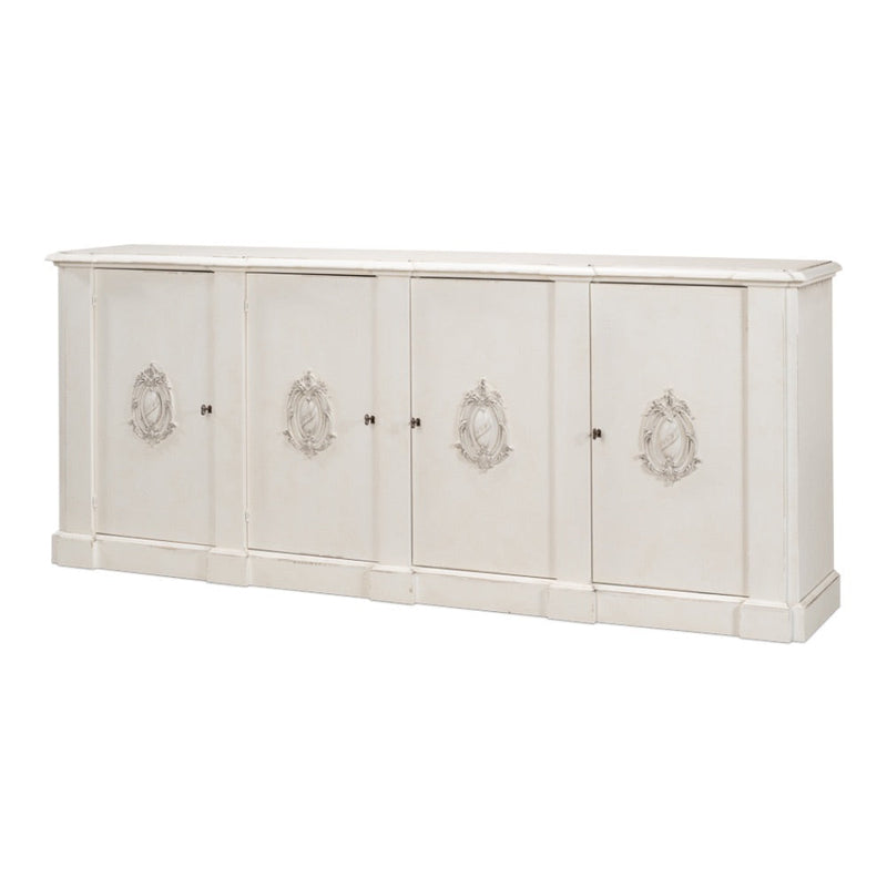 Crested Wall Cabinet Antiqued White Sideboard-Sideboards-Sarreid-LOOMLAN