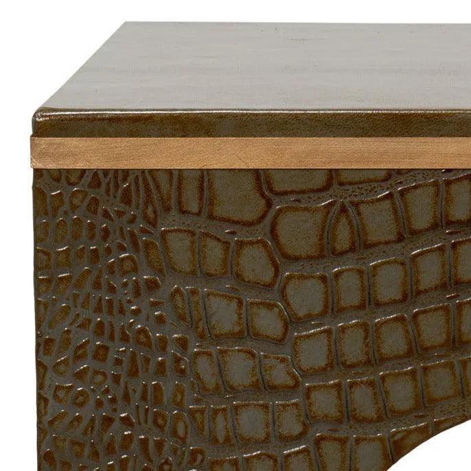 Croco Embossed Leather Brown Stool - LOOMLAN - Sarreid - Poufs and Stools