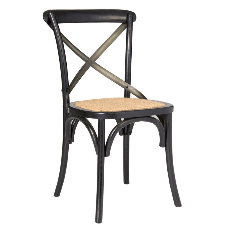 Cross Back Chair w & Brown Rattan Seat Black 2PC Set Dining Chairs LOOMLAN By LHIMPORTS