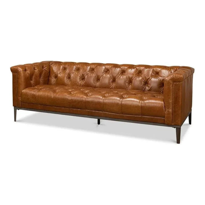 Cuba Brown Leather Chesterfield Bench Seat Couch - LOOMLAN - Sarreid - Sofas & Loveseats