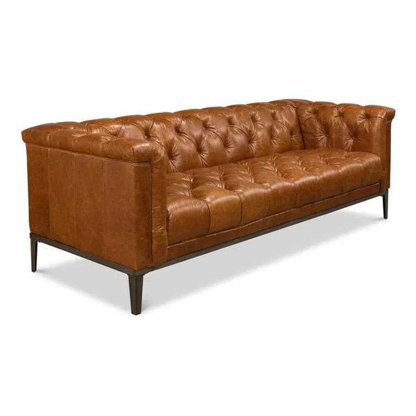 Cuba Brown Leather Chesterfield Bench Seat Couch - LOOMLAN - Sarreid - Sofas & Loveseats