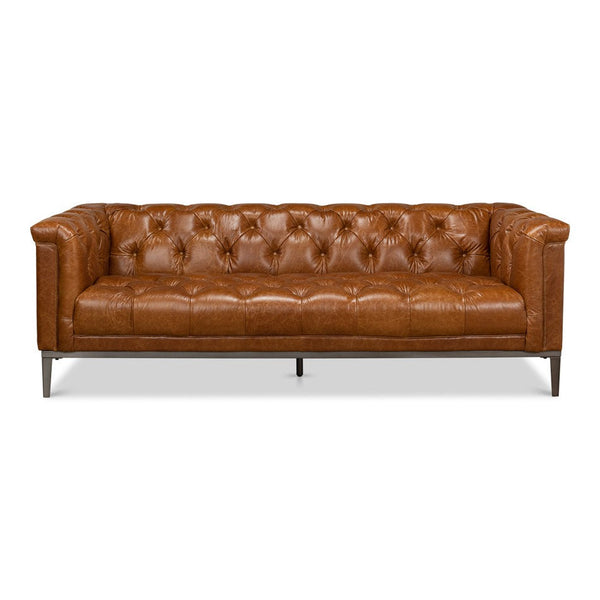 Cuba Brown Leather Chesterfield Bench Seat Couch-Sofas & Loveseats-Sarreid-LOOMLAN