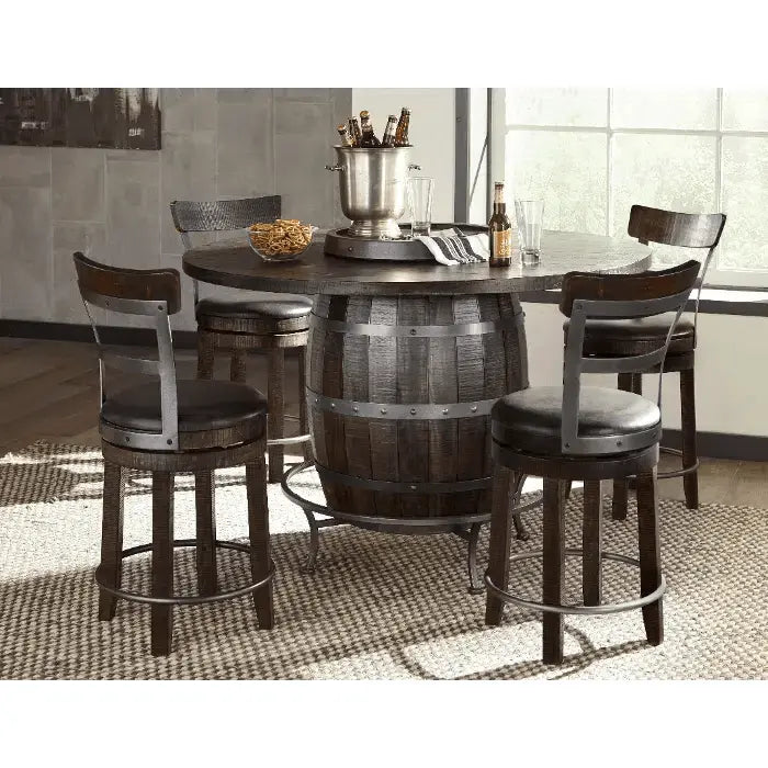 Dark Brown Round Barrel Pub Table Barstools 5 PC Set