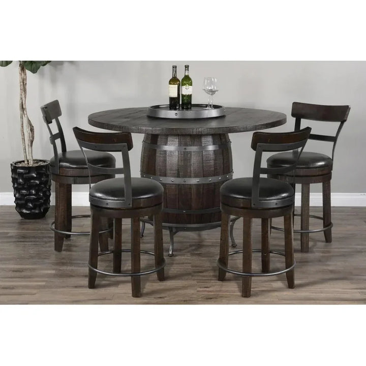 Dark Brown Round Barrel Pub Table Barstools 5 PC Set-Dining Table Sets-Sunny D-LOOMLAN