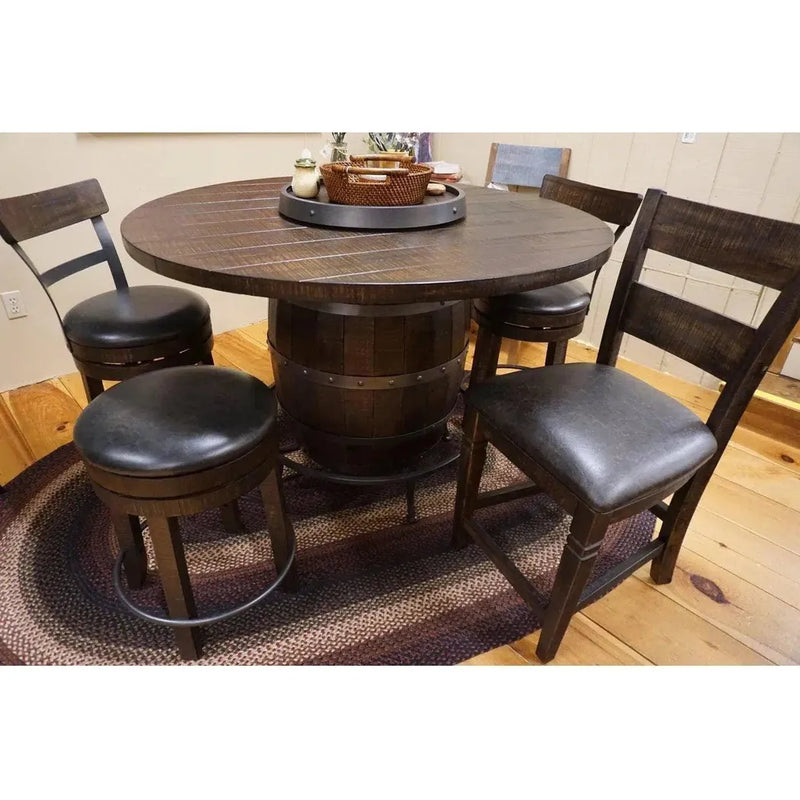 Dark Brown Round Barrel Pub Table Barstools 5 PC Set