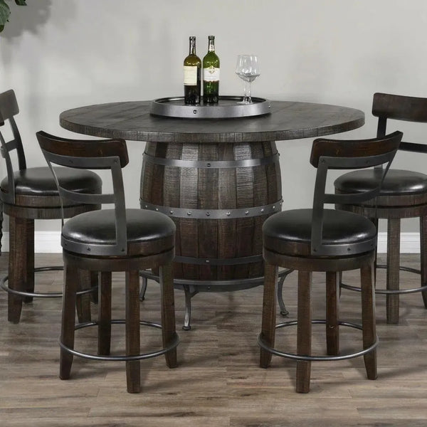 Dark Brown Round Barrel Pub Table Barstools 5 PC Set