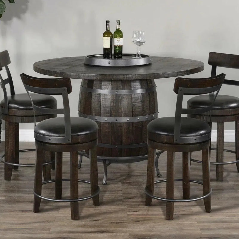 Dark Brown Round Barrel Pub Table Barstools 5 PC Set