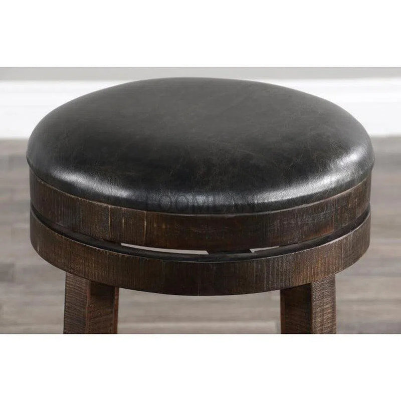 Dark Rustic Backless Swivel Bar Height Stool Black Leather Seat 30"H Bar Stools LOOMLAN By Sunny D