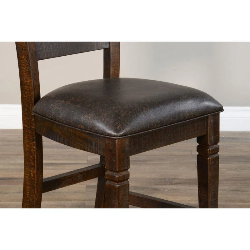 Dark Rustic Ladder Back Counter Stool Padded Black Leather Seat Counter Stools LOOMLAN By Sunny D