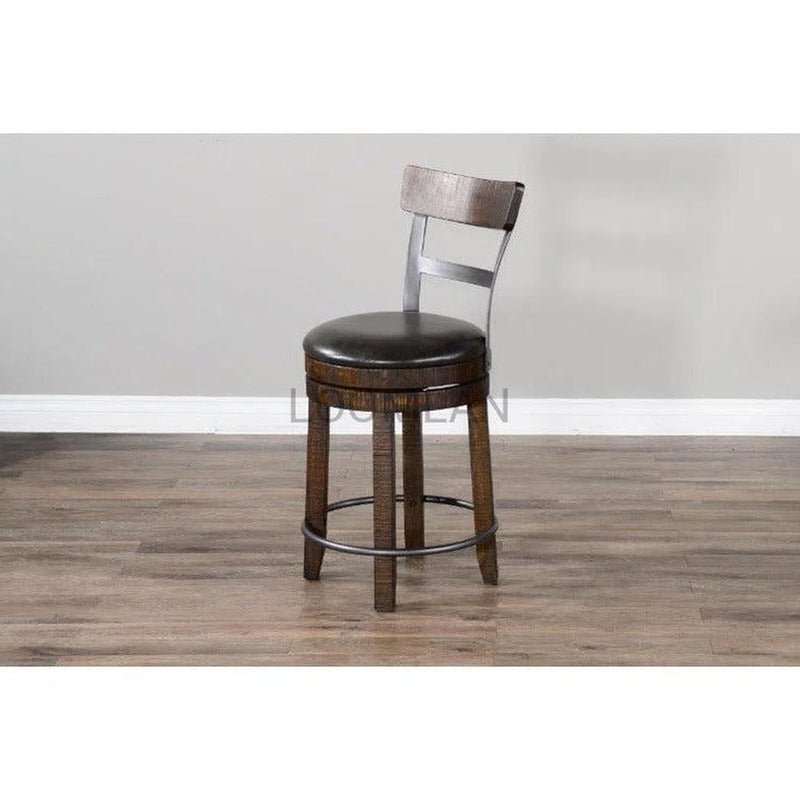 Dark Rustic Ladder Back Swivel Counter Height Stool Leather Seat 24"H Counter Stools LOOMLAN By Sunny D