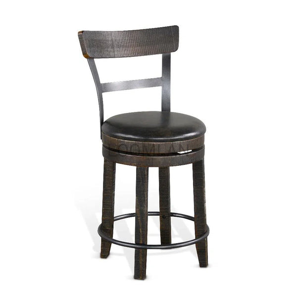 Dark Rustic Ladder Back Swivel Counter Height Stool Leather Seat 24"H Counter Stools LOOMLAN By Sunny D