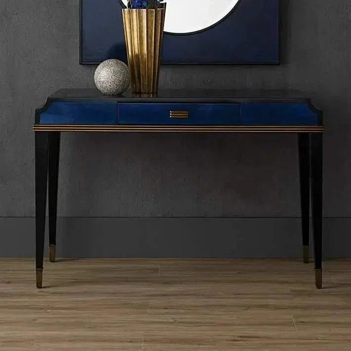 Dark Sapphire Antique Brass Kallista Writing Desk-Home Office Desks-Currey & Co-LOOMLAN