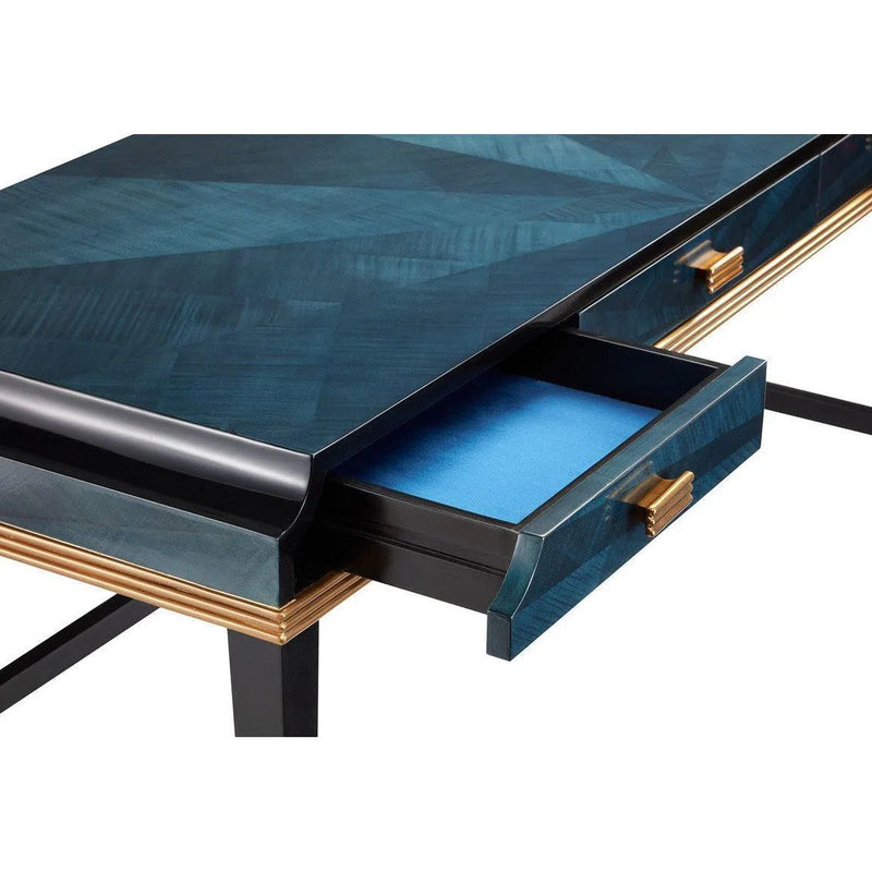Dark Sapphire Caviar Black Antique Brass Kallista Large Desk Home Office Desks LOOMLAN By Currey & Co