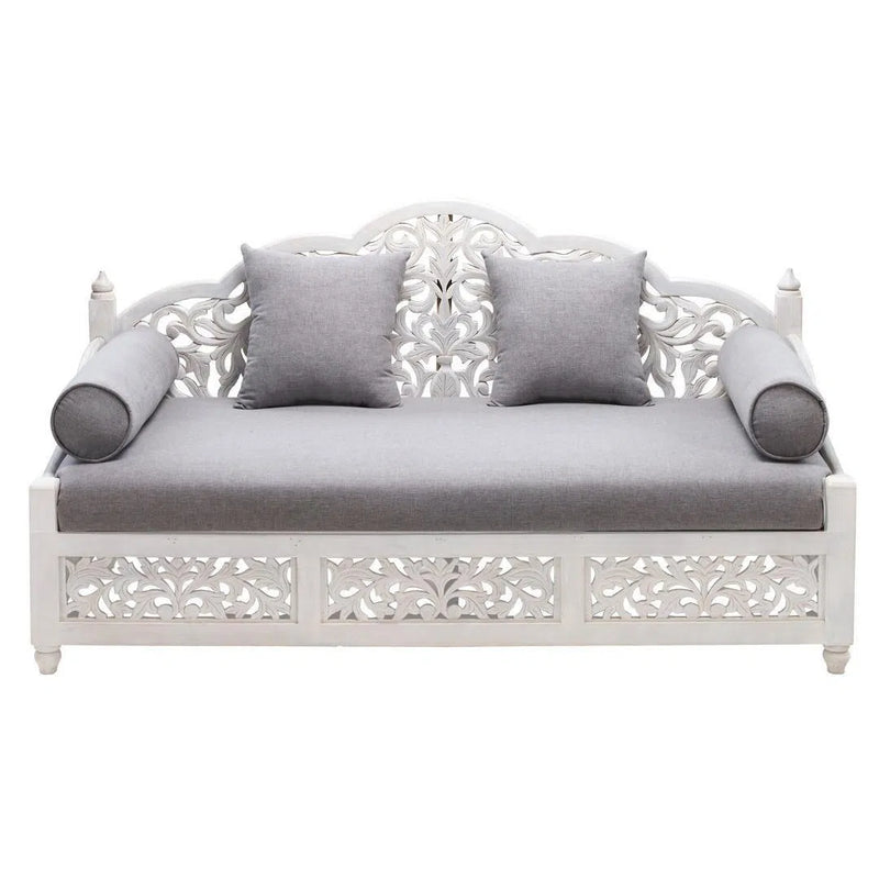 Daybed Sofa Carved White Washed Wood with Throw Pillows Sofas & Loveseats LOOMLAN By LOOMLAN