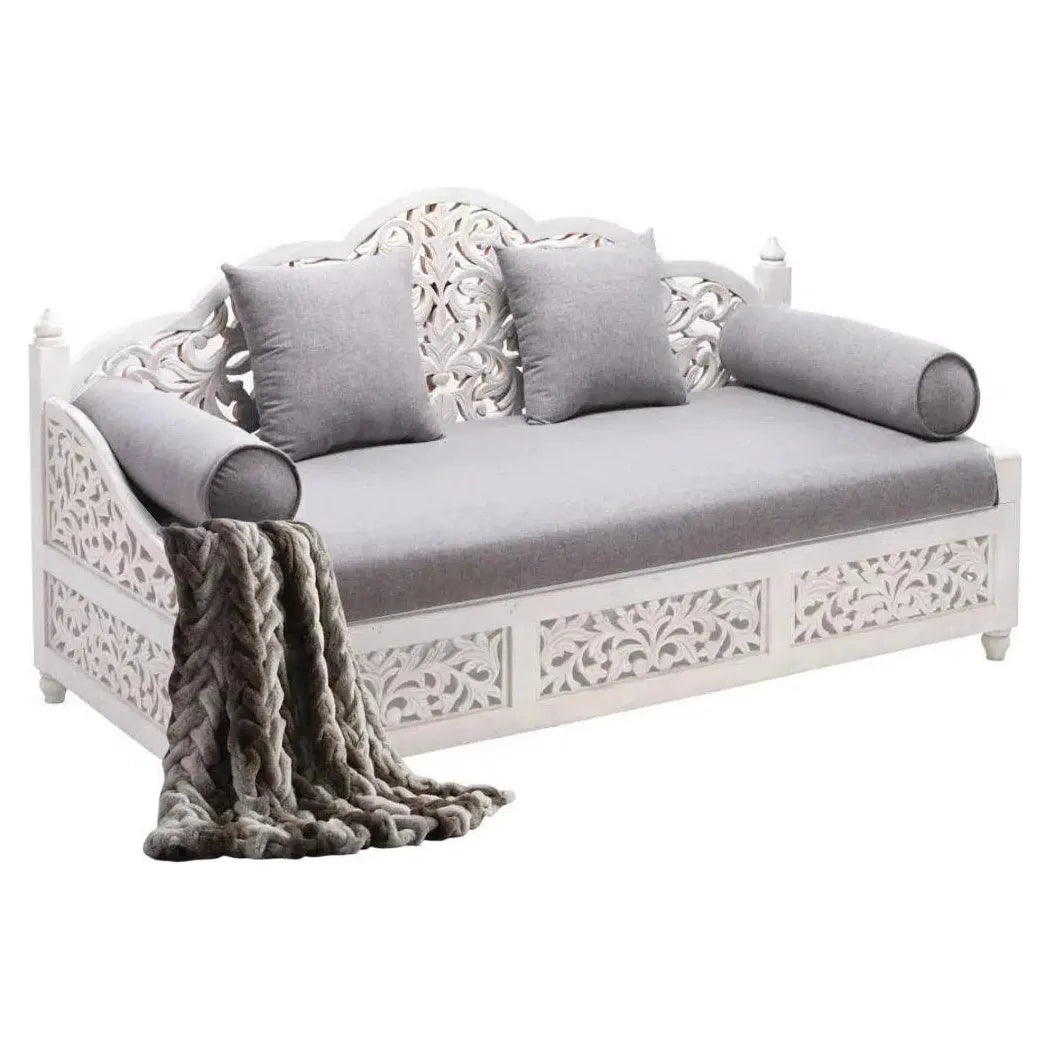 Daybed Sofa Carved Wood with Throw Pillows