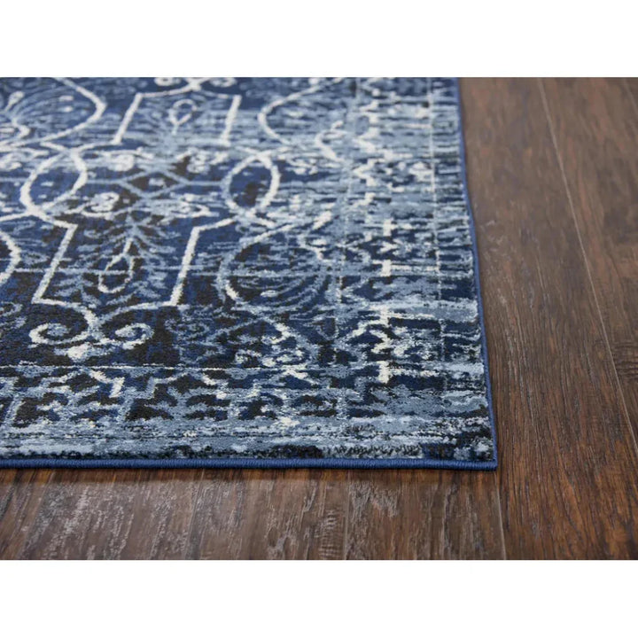 Dors Scroll Work Blue Kitchen Hallway Runner Rug - LOOMLAN