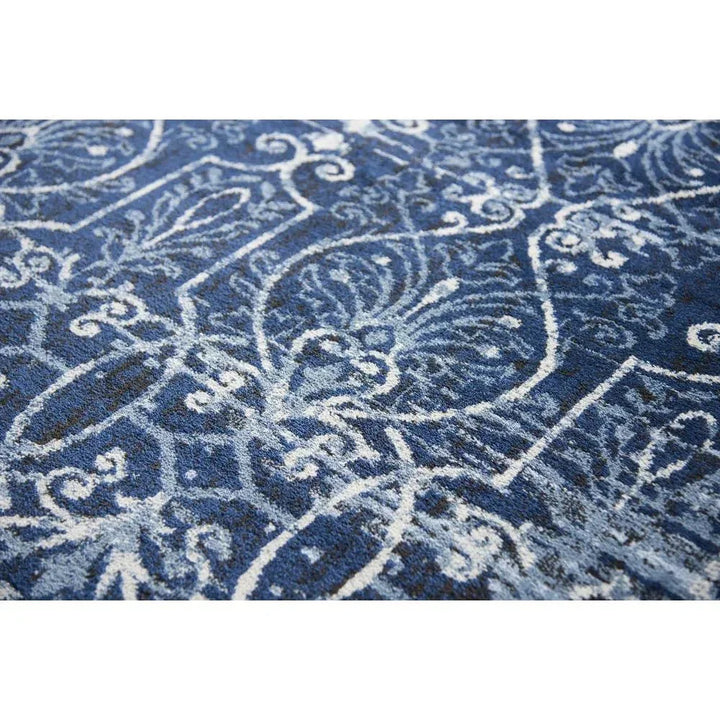 Dors Scroll Work Blue Kitchen Hallway Runner Rug - LOOMLAN