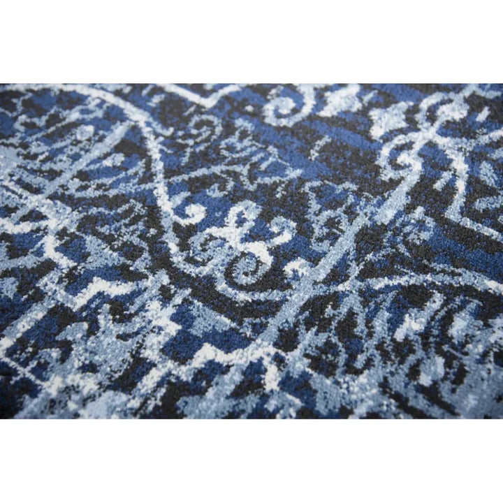Dors Scroll Work Blue Kitchen Hallway Runner Rug - LOOMLAN