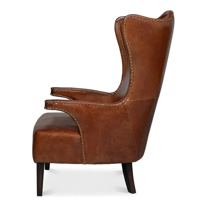 Drake Distilled Leather Accent Chair Tall Back - LOOMLAN - Sarreid - Accent Chairs