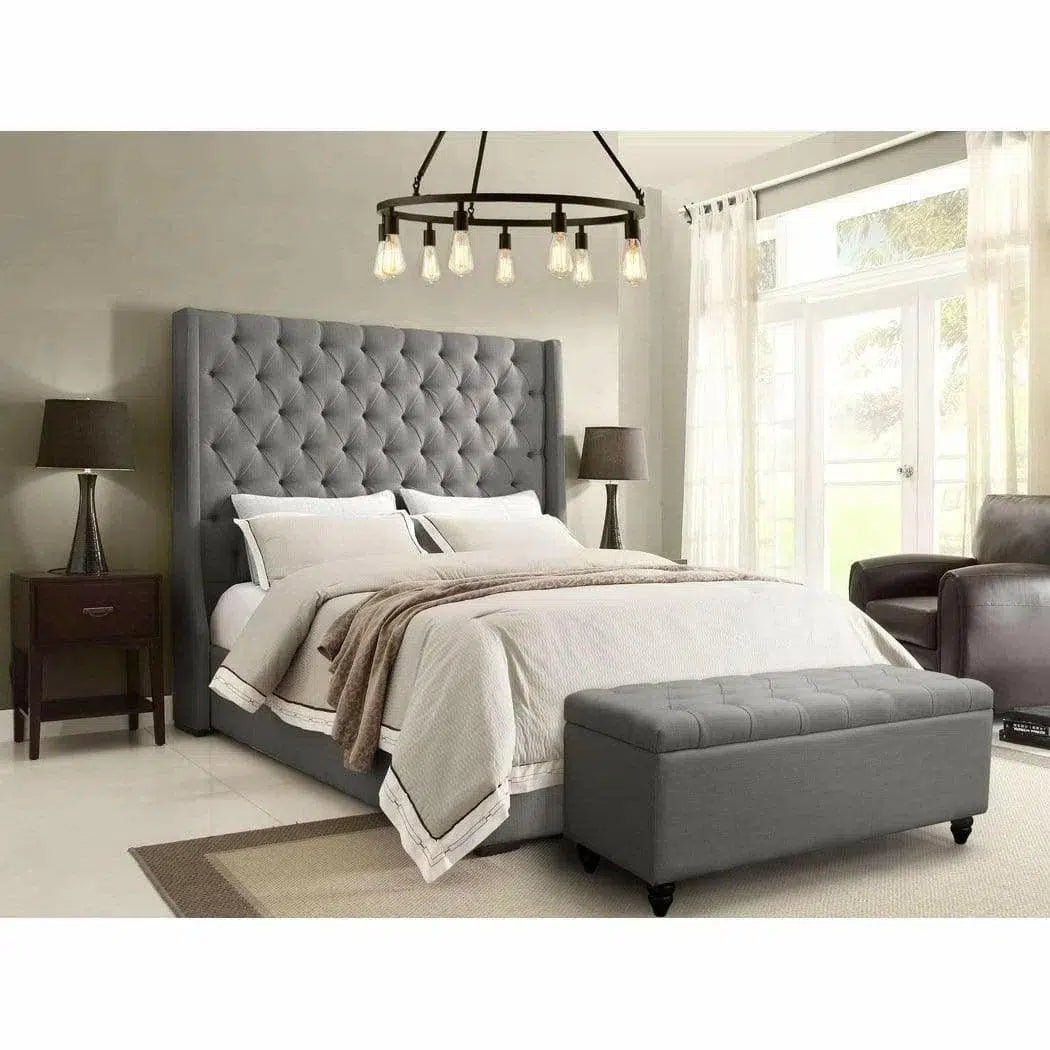 Eastern King Tufted Bed Frame with Wing in Grey Linen