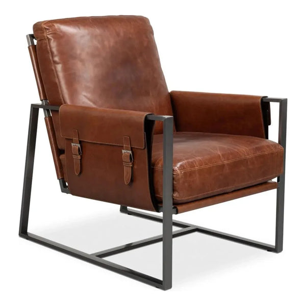 Edmonds Leather Upholstery Luxury Leather Chair-Accent Chairs-Sarreid-Brown-LOOMLAN