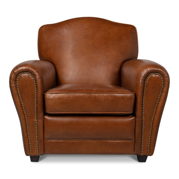 Elite French Brown Leather Club Chair-Club Chairs-Sarreid-LOOMLAN