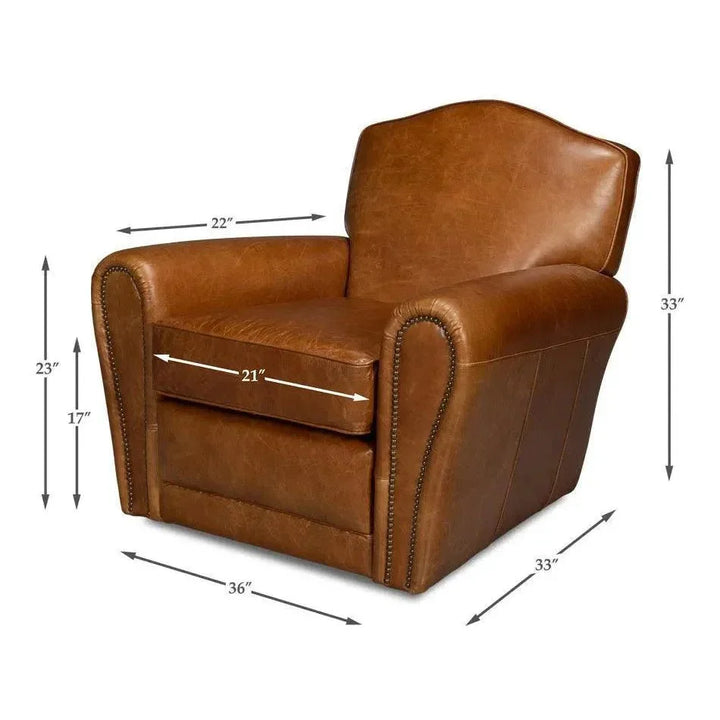 Elite French Leather Brown Club Swivel Arm Chair - LOOMLAN - Sarreid - Club Chairs