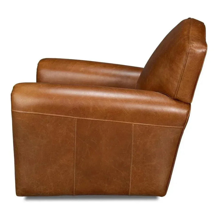 Elite French Leather Brown Club Swivel Arm Chair - LOOMLAN - Sarreid - Club Chairs