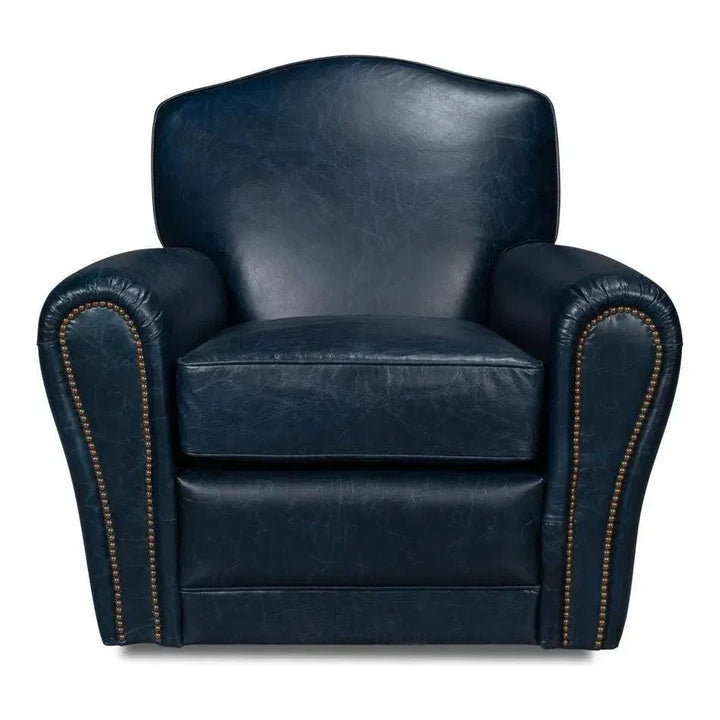 Elite French Metal & Leather Blue Club Swivel Arm Chair - LOOMLAN - Sarreid - Club Chairs