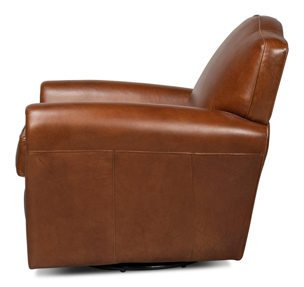 Elite French Swivel Brown Leather Club Chair-Club Chairs-Sarreid-LOOMLAN