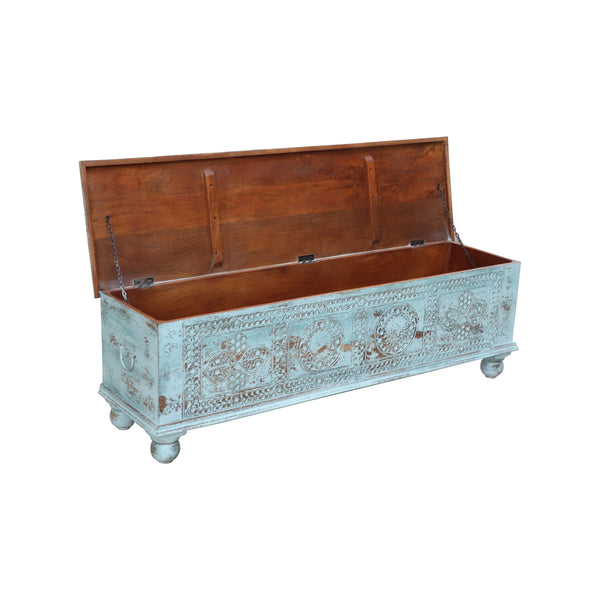 Emery 54 inches Blue Carved Lift-top Storage Bench Bedroom Benches LOOMLAN By LOOMLAN
