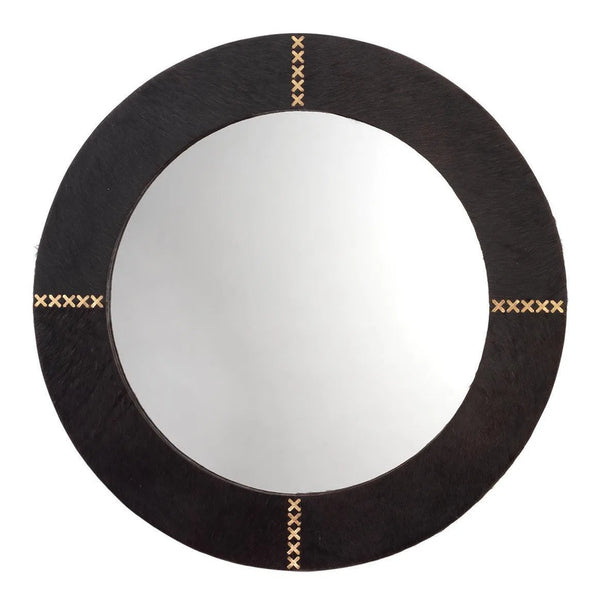 Espresso Cowhide Leather Round Cross Stitch Wall Mirror Wall Mirrors LOOMLAN By Jamie Young
