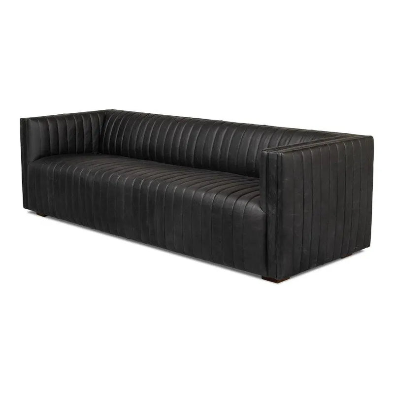 Everett Sofa Modern Channel Tufted Black Leather Couch Sofas & Loveseats LOOMLAN By Sarreid