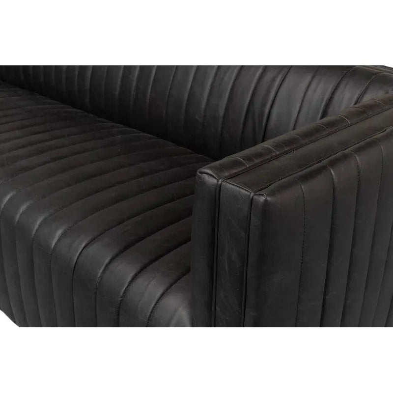 Everett Sofa Modern Channel Tufted Black Leather Couch Sofas & Loveseats LOOMLAN By Sarreid