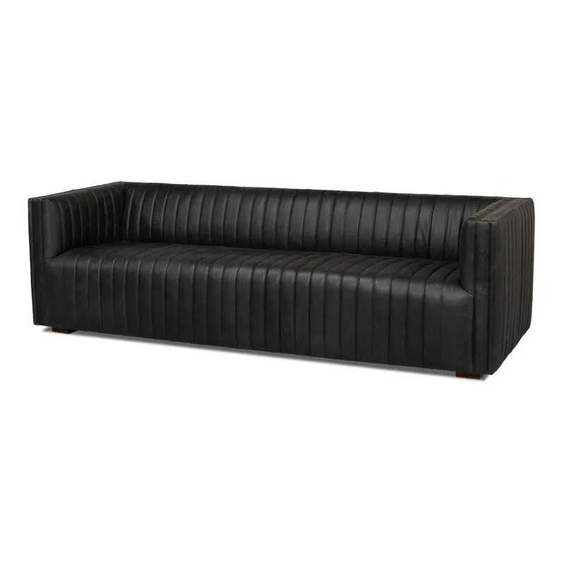 Everett Sofa Modern Channel Tufted Black Leather Couch Sofas & Loveseats LOOMLAN By Sarreid