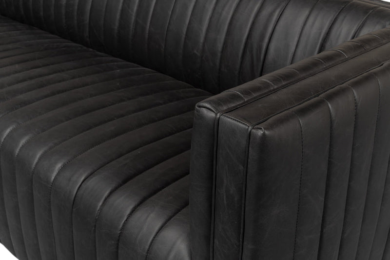 Everett Sofa Modern Channel Tufted Black Leather Couch-Sofas & Loveseats-Sarreid-LOOMLAN
