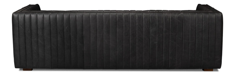 Everett Sofa Modern Channel Tufted Black Leather Couch-Sofas & Loveseats-Sarreid-LOOMLAN