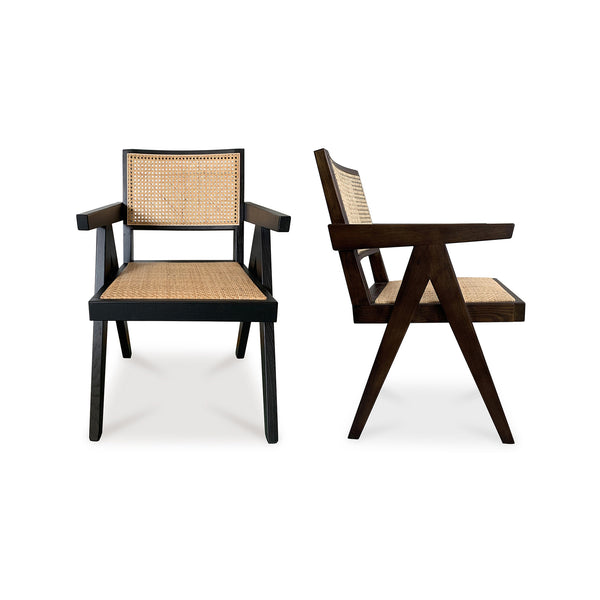 Takashi Solid Elm and Rattan Black Dining Arm Chair-Set Of Two