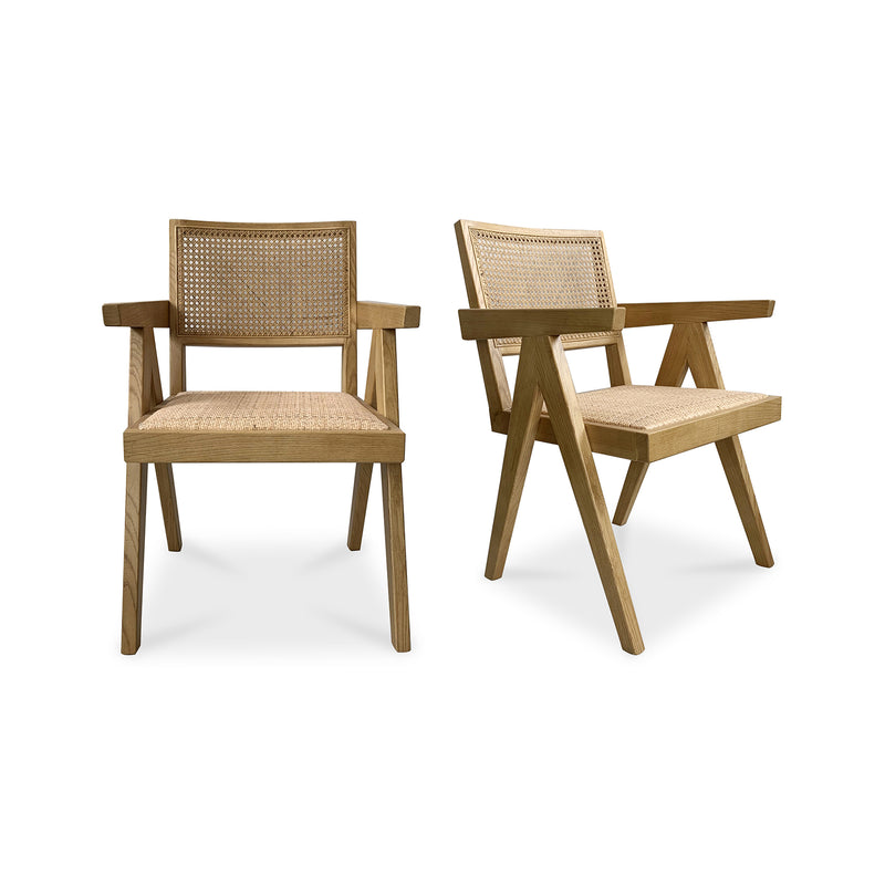 Takashi Natural Solid Elm Wood and Rattan Dining Arm Chair - Set Of Two