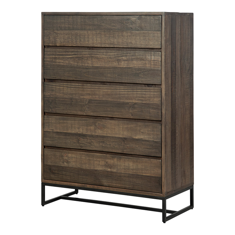 Elena Solid Pine and Stainless Steel Brown 5 Drawer Chest