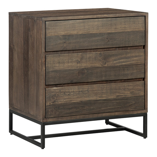 Elena Solid Pine and Stainless Steel Brown 3 Drawer Nightstand