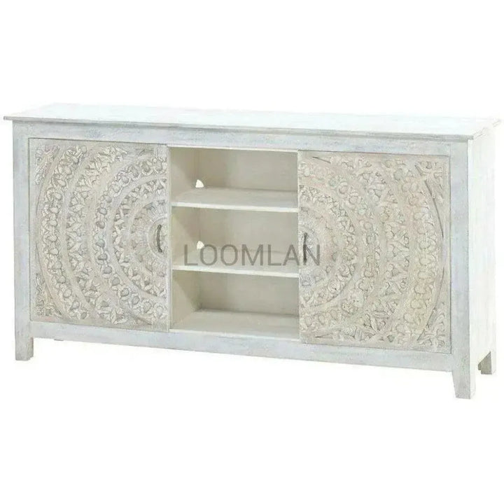 Boho White TV Stand with Sliding Doors - LOOMLAN - LOOMLAN - TV Stands & Media Centers