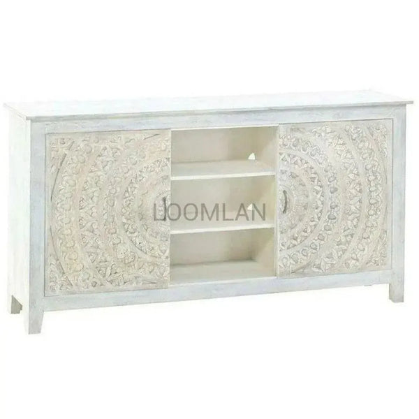 Boho White TV Stand with Sliding Doors - LOOMLAN - LOOMLAN - TV Stands & Media Centers