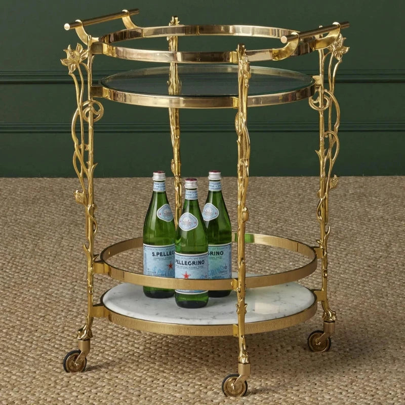 Fiore Brass Glass Top And Marble Shelf Bar Cart