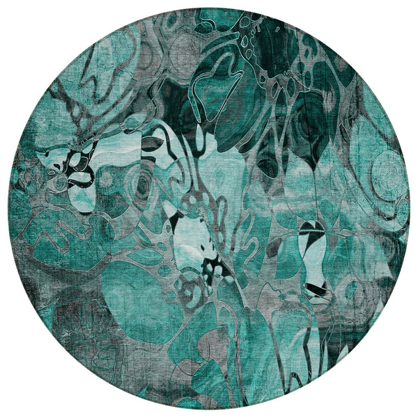 Floral Teal Washable Indoor-Outdoor Rug