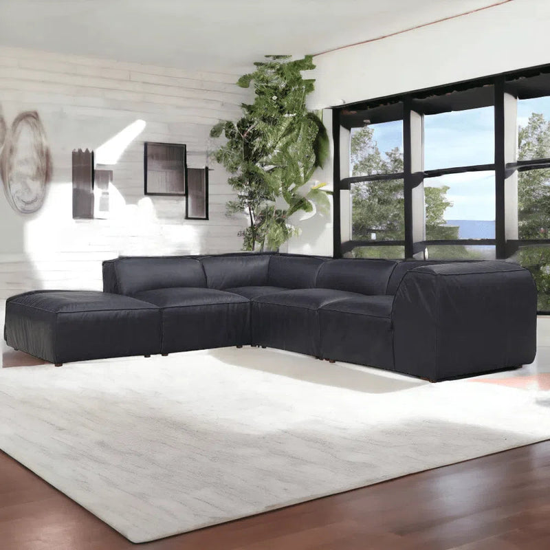 Form Black Modular Sectional Couch 5PC Convertible Leather Sectional With Ottoman Modular Sofas LOOMLAN By Moe's Home